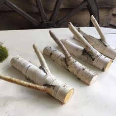 four pieces of wood are sitting on a table next to some moss and a wheel