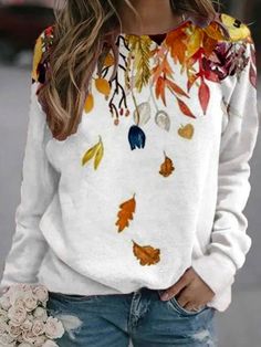 Casual Graphic Tops Round Neck Long Sleeve Leaf Printed Sweatshirts Color Block Sweatshirt, Sweatshirts Online, Graphic Tops, Cheap Fashion, Women Hoodies Sweatshirts, Print Sweatshirt, Sweatshirt Dress, Leaf Print, White Sweatshirt