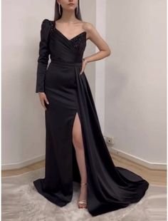 A-Line Evening Gown Elegant Dress Formal Court Train Black Dress Long Sleeve One Shoulder Satin with Pleats Ruched Sequin Black Dress Long Sleeve, Black Dress Long, Gown Elegant, Dresses Formal Elegant, Evening Gowns Elegant, Evening Dresses Cocktail, Black Long Sleeve Dress, Long Black Dress, Dress Formal