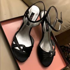 Black Dress Shoes Rhinestones Brand New Condition Size 8 Black Low Heel Heels With Rhinestones, Black Crystal-embellished Evening Heels, Black Crystal Embellished Evening Heels, Nina Shoes, Black Dress Shoes, Women's Shoes Sandals, Shoes Sandals, Dress Shoes, Black Dress