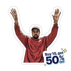 a sticker of a man with his hands up in the air while wearing a red shirt