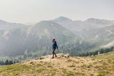 a man and his dog are hiking in the mountains