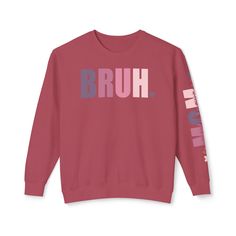 ✨ Elevate your Mother's Day gifting with our custom crewneck sweatshirt, featuring the playful message "Bruh" on the front and "Formerly known as Mom" on the sleeve. 💫 Made with soft, ring-spun cotton fabric and 100% cotton threads, this sweatshirt offers unbeatable softness and comfort. 🌱 Printed with OEKO-TEX-certified low-impact dyes, it's not only stylish but also environmentally friendly. 🔄 Featuring a rolled forward shoulder for a modern fit and printed with attention to detail, this sw Crew Neck French Terry Sweatshirt With Text Print, French Terry Crew Neck Sweatshirt With Text Print, Pink Crew Neck Sweats With Letter Print, Pink Letter Print Crew Neck Sweats, French Terry Crew Neck Sweats With Graphic Print, Pink Crew Sweatshirt With Screen Print, Pink Crew Neck Sweatshirt With Screen Print, Pink Slogan Sweater Crew Neck, Pink Slogan Crew Neck Sweater