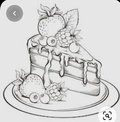 a drawing of a piece of cake with strawberries and berries on top, sitting on a plate