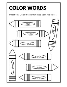 the color words worksheet is shown with pencils and crayons on it