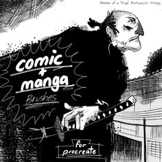 a black and white drawing of a man holding a guitar with the words comic mango on it