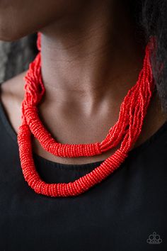 Countless layers of fiery red seed beads drape below the collar. Additional strands of red seed beads wrap around the center of the layers, creating two bulky rows for a seasonal flair. Features an adjustable clasp closure. Sold as one individual necklace. Includes one pair of matching earrings. P2ST-RDXX-025XX Red Necklace, Beaded Wraps, Fiery Red, Paparazzi Accessories, Seed Bead Necklace, Paparazzi Jewelry, Affordable Jewelry, Necklace Earring Set, Jewelry Party