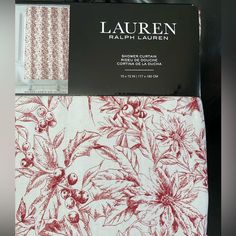 the fabric is red and white with flowers on it, as well as an ad for lauren's fabrics