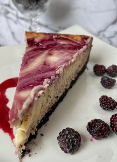 a slice of cheesecake with raspberry sauce on a plate