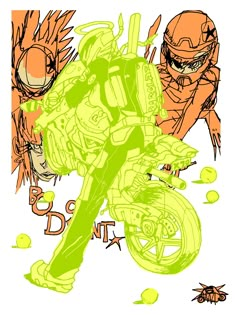 an orange and green drawing of a motorcyclist