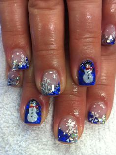 love the blue! Silver Acrylic Nails, Nagel Stamping, Snowman Nails, December Nails, Fingernail Designs, Holiday Nail Art, Christmas Nails Acrylic, 3d Christmas