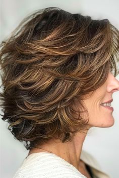 Feathered Layers Hairstyle for Women Over 50 with Thick Hair. Feathery Layers Short Hair, Womens Feathered Hairstyles, Hairstyles For Coarse Thick Hair, Med Layered Hair, Hairstyles For Thick Coarse Hair Over 50, Short Hairstyles For Women With Thick Hair Over 60, Short Hairstyles For Thick Curly Hair, Hair Styles For Thick Hair Women, Medium Feathered Hairstyles