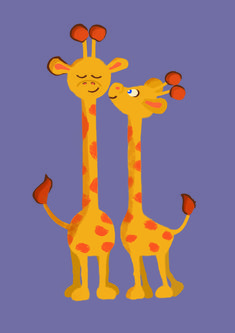 two giraffes standing next to each other on a purple background with orange spots