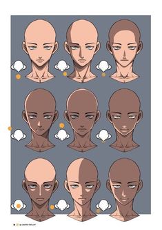 an animation character's head is shown with different facial shapes and hair colors, including the