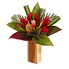 a wooden vase filled with red flowers and greenery on top of a white background