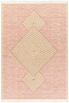 a pink and white rug with an intricate design on the bottom, in front of a beige background