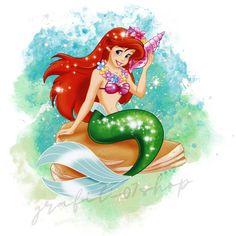 the little mermaid is sitting on top of a snail with a flower in her hand