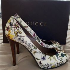 Gucci Peep Toe Heels-Floral Canvas Print- Great Condition! Barely Worn! 10cm High Heels. These Have Been Worn. Please Observe All Pictures And Descriptions Carefully Before Deciding To Purchase. Gucci Floral Heels, Heels Floral, Gucci Pink, Shoes Gucci, Floral Canvas, Peep Toe Heels, Gucci Shoes, Pink Yellow, Shoes Women Heels