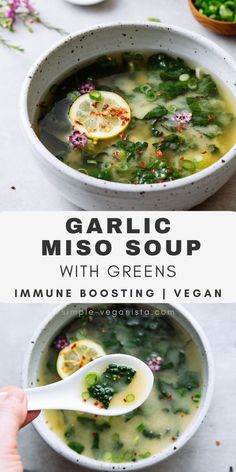 two bowls of garlic miso soup with greens