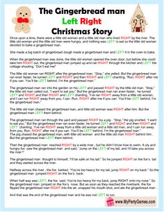 the gingerbread man left right christmas story is shown in this hand - written text