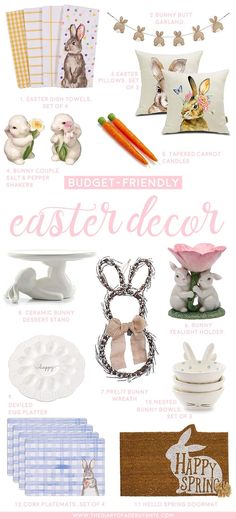 the easter decor is displayed in pink and white