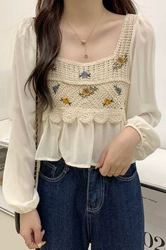 Long Sleeve Flower Embroidered Crochet Blouse Shirts – Nada Outfit Land Embroidered Crochet, Casual Blouse Shirts, Sweater Collection, Crochet Woman, Crochet Blouse, Embroidered Jeans, Loose Sweater, Blouse Shirt, Romantic Style