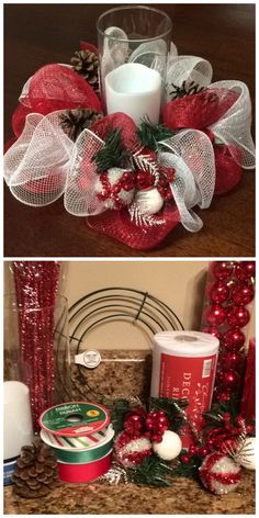 two pictures of christmas decorations and candles on a table