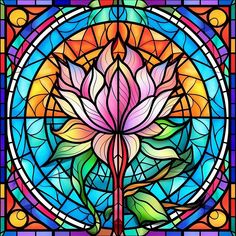 a stained glass window with a pink flower in the center and leaves on each side