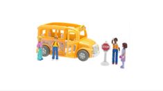 two children are standing next to a yellow school bus and a stop sign in front of them