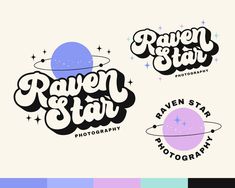 the raven star photography logo is shown in three different colors and font styles, including blue,