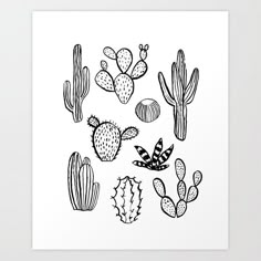 a black and white drawing of cacti art print