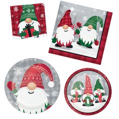 three paper plates with christmas gnomes on them