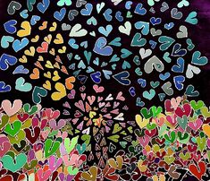 an abstract painting with many hearts in the shape of trees and flowers on a purple background