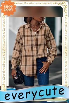 Apricot Plaid Print Boyfriend Button Shirt Plaid Tops With Casual Collar And Button Closure, Brown Collared Shirt For Fall, Brown Fall Shirt With Collar, Beige Casual Collar Top For Fall, Fall Shirt With Casual Collar And Buttons, Beige Button-up Winter Shirt, Fall Collared Shirt With Button Closure, Fall Season Collared Shirt With Button Closure, Winter Beige Button-up Shirt