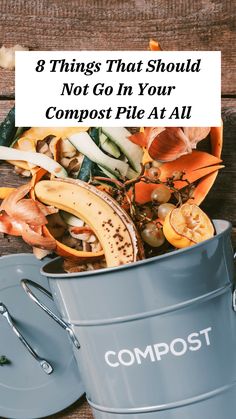 a blue composting container filled with fruit and vegetables on top of a wooden table