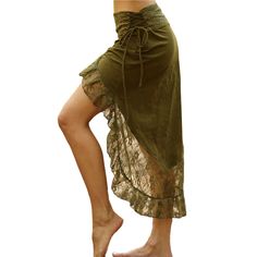 Army Green Drawstring Pleated Irregular Lace Skirt Green Layered Skirt, Green Bohemian Flowy Skirt, Fitted Green Hippie Skirt, Green Flowy Bohemian Mini Skirt, Green Bohemian Asymmetrical Skirt, Steampunk Skirts, Grunge Skirt, Victorian Skirt, Gothic Skirt