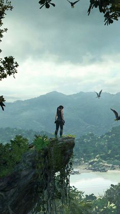 a man standing on top of a cliff with birds flying around