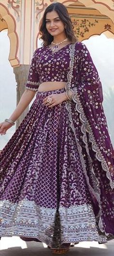 Purple and Violet color Lehenga in Viscose fabric with Embroidered, Sequence work Wedding Choli In Georgette With Motifs, Wedding Lehenga With Motifs In Georgette, Wedding Embroidered Georgette Fabric With Motifs, Purple Sharara With Motifs For Wedding, Purple Wedding Sharara With Motifs, Purple Wedding Choli With Motifs, Umbrella Lehenga, Wedding Purple, Violet Color