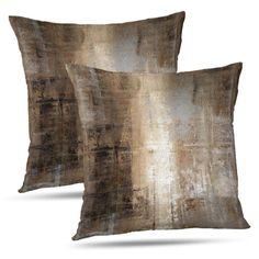 two decorative pillows on white background with brown and tan colors, one is made out of fabric