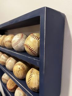 baseballs are lined up in a shelf on the wall, and ready to be played