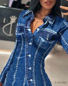 Lasaky - Chic Denim-Inspired Bodycon Dress with Print Design Tight Long Sleeve Dress, Denim Wear, Denim Chic, Printed Bodycon Dress, Elegant Dresses For Women, Prom Dresses Blue, Womens Dress Pants, Long Sleeve Romper, Casual Denim