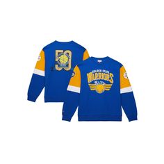 the golden state warriors sweatshirt is shown in blue with yellow sleeves and numbers on it