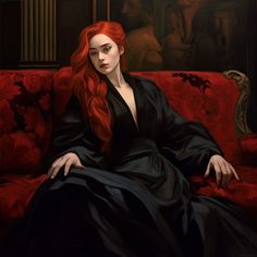 a painting of a woman with long red hair sitting on a red couch in a black dress