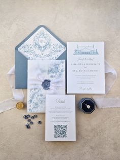 the wedding stationery is laid out and ready to be put into the guests'suite