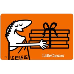 an orange gift card with a cartoon character holding a large present in it's hand