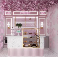 the interior of a coffee shop decorated in pink and gold