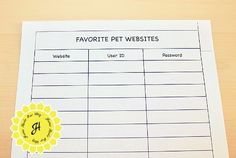 a white piece of paper with a yellow sticker that says favorite pet website on it