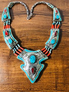 "Turquoise and Coral Necklace. Tibet Nipali collier Necklace Trimble Jewelry 18to 20\" Vintage item Boho and Hippy style." Traditional Turquoise Necklace For Festivals With Silver Accents, Traditional Silver Turquoise Necklace For Festivals, Traditional Turquoise Necklaces For Festivals, Traditional Turquoise Necklace As Gift, Traditional Turquoise Necklace For Gift, Traditional Blue Turquoise Gemstone Necklace, Traditional Silver Turquoise Necklace With Gemstone, Blue Turquoise Necklace For Festivals Gift, Blue Turquoise Necklace For Festivals And Gifts