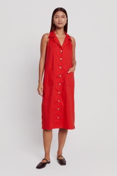 Mid-length, sleeveless vest style Duster with a crisp collar and button front closure. Red Sleeveless Cotton Outerwear, Micro Suede Women’s Duster, Red V-neck Cotton Outerwear, Red V-neck Outerwear With Button Closure, Vest Style, Vest Fashion, Now And Forever, Model Pictures, Sleeveless Vest