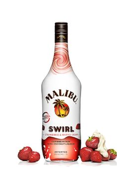 a bottle of malbu swirl with strawberries next to it on a white background